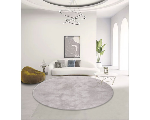 Helles Wohnzimmer mit Sofa, Sessel, Couchtisch, Zimmerpflanze, Lampe und rundem Teppich