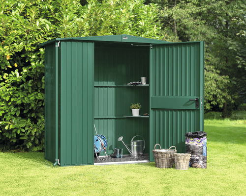 Armoire de jardin en métal avec portes ouvertes et accessoires de jardinage