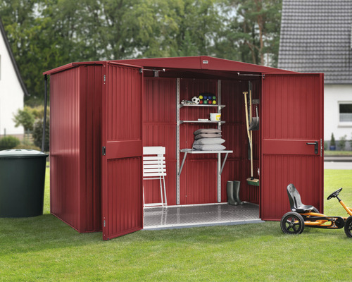 Abri de jardin ouvert en métal avec étagères, outils et accessoires de jardin
