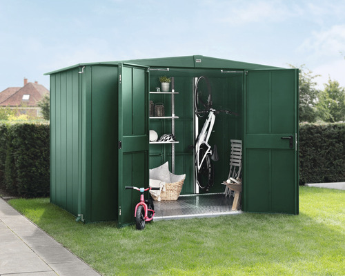 Armoire de jardin verte ouverte avec vélo, vélo d''enfant et étagères