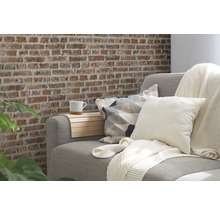 Salon avec canapé, coussins, couverture et mur aspect brique