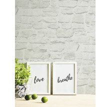 Intérieur avec papier peint en pierre, images et plante