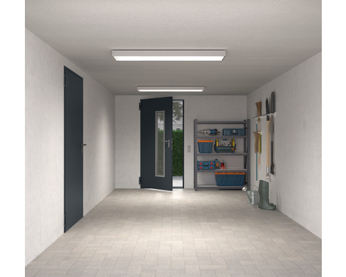 Garage mit Regalen, Werkzeugen, Geräten und zwei Türen