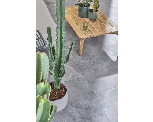 Graue Bodenfliesen mit Tisch und Pflanzen
