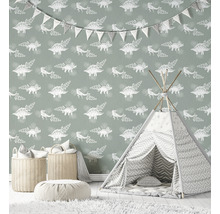 Chambre d''enfant avec papier peint dinosaures, tente de jeu, paniers et pouf