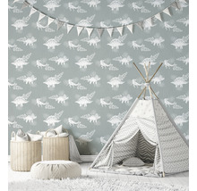 Chambre d''enfant avec papier peint dinosaure, tente de jeu et paniers de rangement