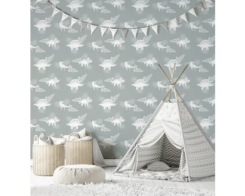 Chambre d''enfant avec papier peint dinosaure, tente de jeu et paniers de rangement