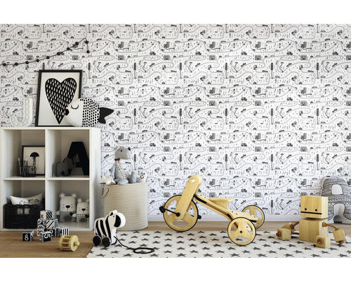 Chambre d''enfant avec papier peint, jouets et meubles de rangement