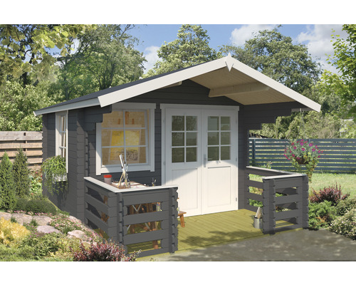 Gartenhaus Lola 2 inkl. Fussboden, Blumenkasten, Terrasse 340,4 x 470 cm carbongrau