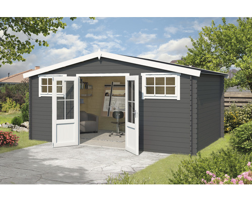 Abri de jardin avec porte double et fenêtres dans le jardin