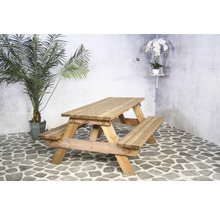 Holzbiertischgarnitur im Aussenbereich mit Pflanze