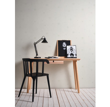 Un bureau avec une lampe, une chaise et des décorations crée une atmosphère de travail claire et organisée.