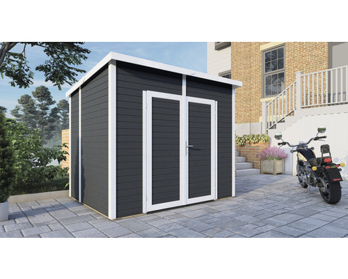 Abri de jardin en bois avec double porte devant une maison