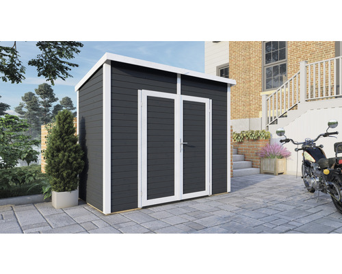Abri de jardin avec double porte et toit plat en extérieur.