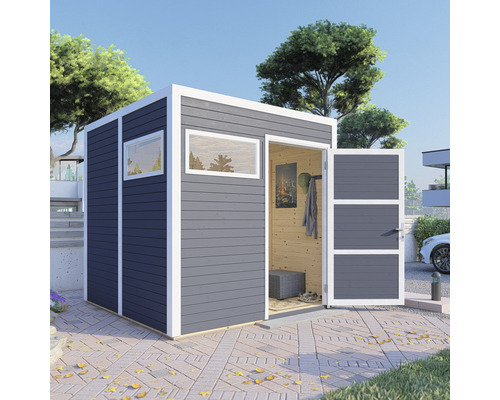 Abri de jardin gris avec fenêtre et porte ouverte à l''extérieur.