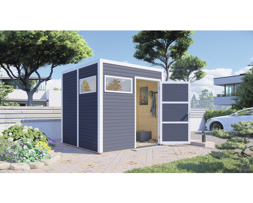 Abri de jardin moderne avec fenêtre et porte ouverte dans un jardin.