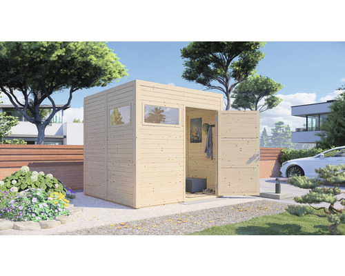 Abri de jardin en bois avec fenêtre et porte ouverte dans le jardin