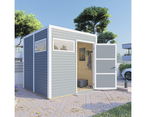 Abri de jardin avec fenêtre et porte ouverte