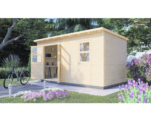 Abri de jardin en bois avec double porte ouverte et fenêtre
