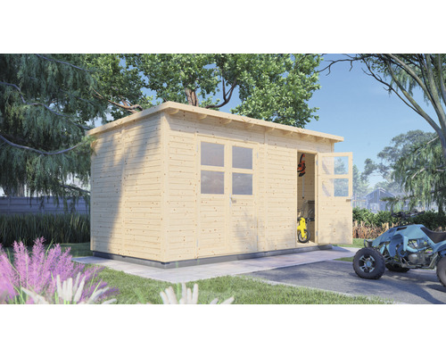 Abri de jardin en bois avec fenêtre et porte ouverte dans le jardin