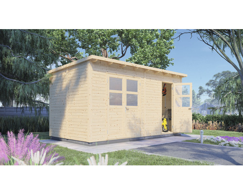 Abri de jardin en bois avec fenêtre et porte ouverte dans le jardin