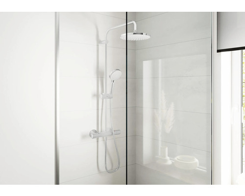 Système de douche avec douche de tête et douchette à main dans une cabine de douche lumineuse