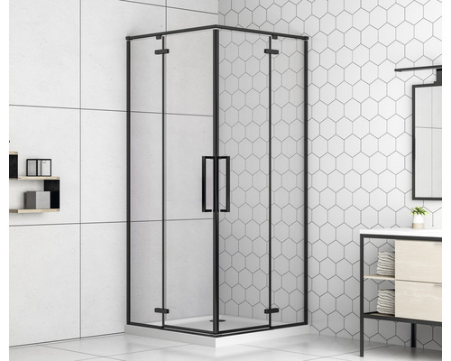 Cabine de douche d''angle avec cadre noir et portes en verre dans la salle de bain