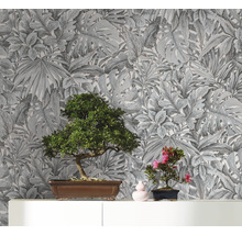 Intérieur avec papier peint à motif de feuilles gris et deux plantes d''intérieur