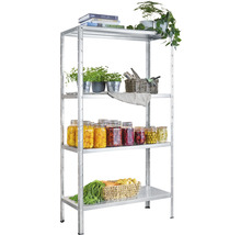 Metallregal mit Lebensmitteln und Pflanzen