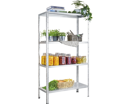Metallregal mit Lebensmitteln und Pflanzen