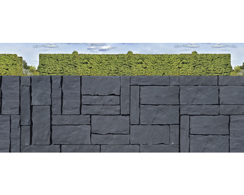 Mauer aus Natursteinen mit Hecke im Hintergrund