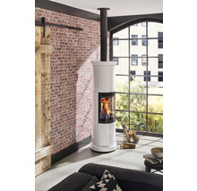 Kaminofen im Wohnzimmer mit Ziegelwand und großem Fenster.