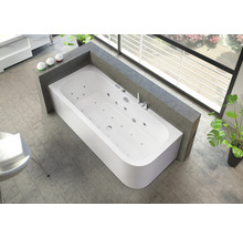 Salle de bain moderne avec baignoire balnéo blanche, revêtement en carreaux gris et grande fenêtre pour une atmosphère lumineuse et spacieuse.