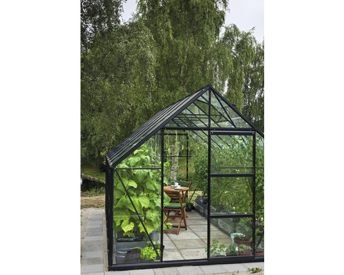 Serre avec plantes et coin salon dans le jardin.