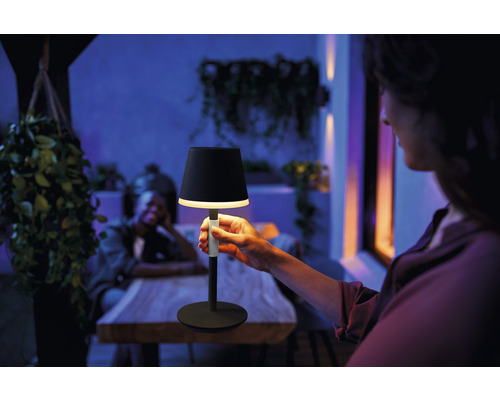 Une personne tient une lampe de table noire à l''extérieur.