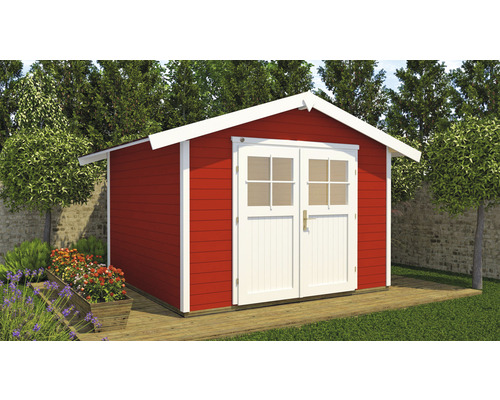Abri de jardin weka 122 Taille 1 avec plancher 285 x 239 cm rouge de Falun Abri de jardin rouge en bois avec double porte et accents blancs