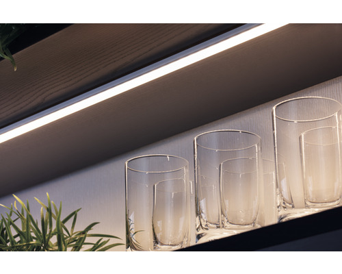 Regal mit LED-Beleuchtung und dekorativen Glasvasen