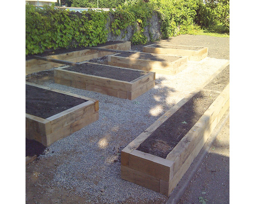 Jardinières rectangulaires surélevées en bois avec de la terre sur un chemin de gravier