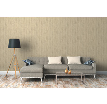 Salon avec papier peint, canapé d'angle, lampadaire et table basse