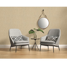 Wohnzimmer mit zwei Sesseln, Beistelltisch, Zimmerpflanze und Spiegel an der Wand