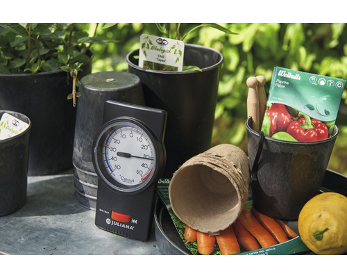 Scène de jardin avec plantes, pots, thermomètre de la marque Juliana, graines et légumes