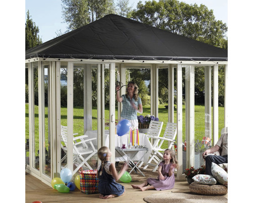 Pavillon PLUS Nämdö 387 x 387 cm, druckimprägniert, schwarzes Polyesterdach, inkl. Schiebetüren