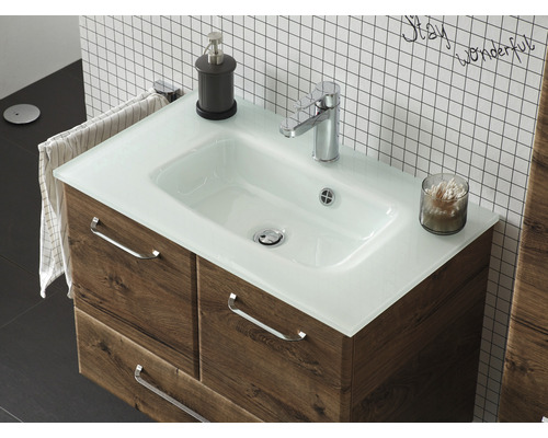 Waschtischunterschrank mit Waschbecken, Armatur, Seifenspender und Handtuch