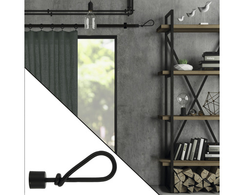 Tringle à rideaux décorative avec support à boucle dans un espace au design industriel.