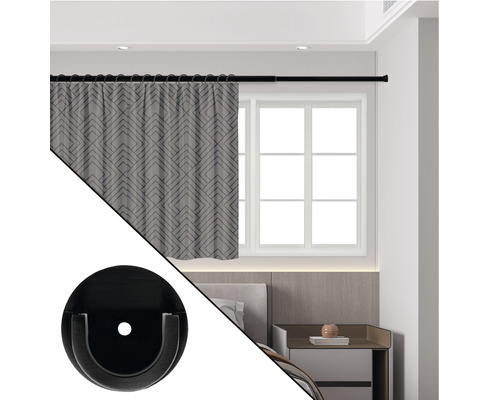 Tringle à rideaux avec support et rideau devant une fenêtre