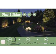 Abendliche Gartenszene mit Plug and Shine Beleuchtungssystem.