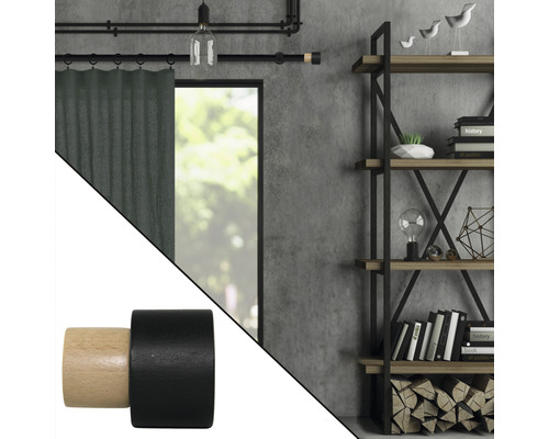 Scène décorative avec un embout de tringle à rideau en bois en noir et en bois