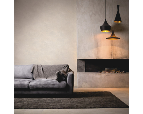 Wohnzimmer mit Sofa, Teppich, Kamin und Pendelleuchten