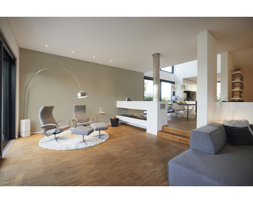 Salon lumineux avec deux fauteuils, lampadaire et cheminée