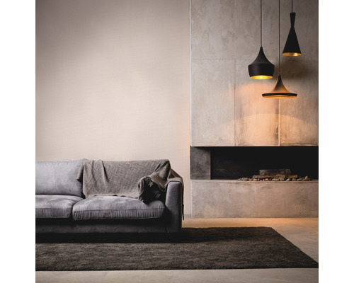 Wohnzimmer mit Sofa, Teppich, Kamin und Hängelampen